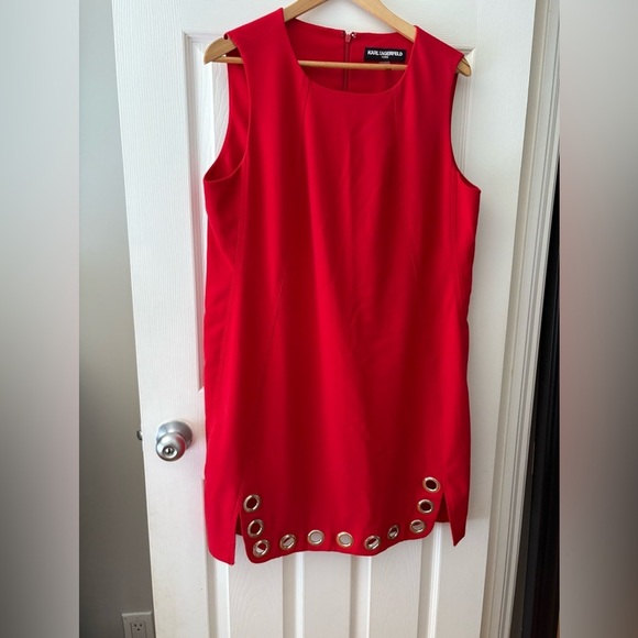 Karl Lagerfeld red plus size 16 wide strap dress silver grommet hem - Picture 1 of 10